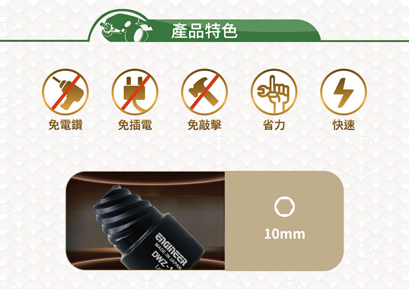 產品特色免電鑽免插電免敲擊省力快速MADE IN JAPANDWZ-1ENGINEER10mm