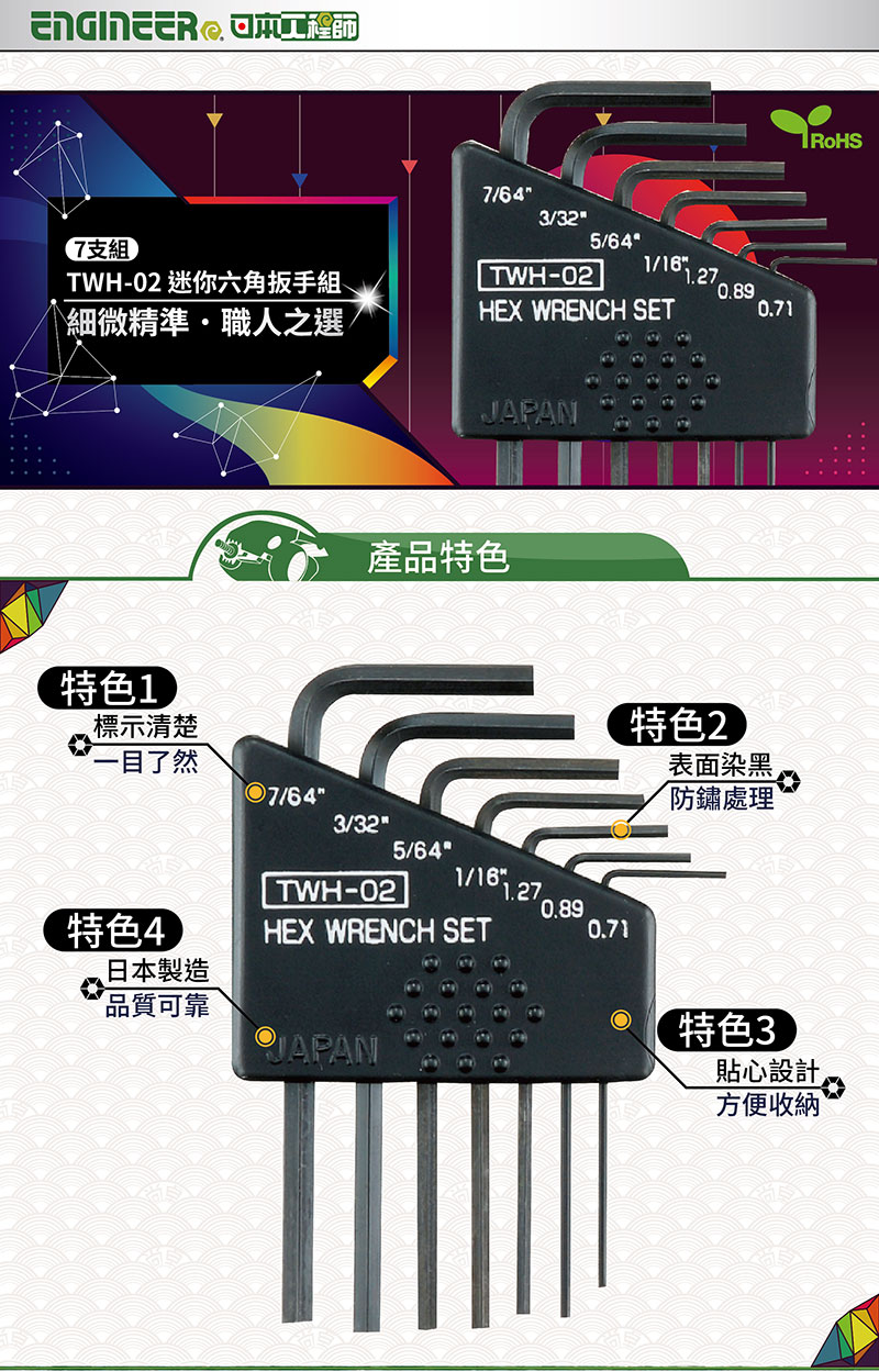 7/647支組TWH-0 迷你六角扳手組細微精準職人之選3/325/641/0.890.71TWH-02HEX WRENCH SETJAPAN產品特色特色1標示清楚一目了然7/643/325/64特色4日本製造品質可靠TWH-02HEX WRENCH SET1/JAPAN2 2 20.890.71特色2表面染黑防鏽處理特色3貼心設計方便收納